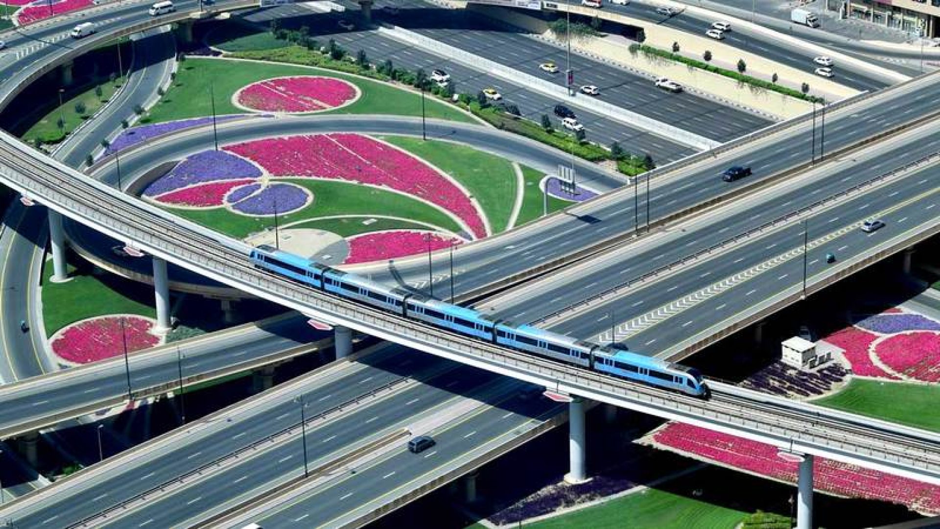 Dubai Metro passes by defence rounabout in Dubai.  April 4, 2021. Photo by Patrick Castillo